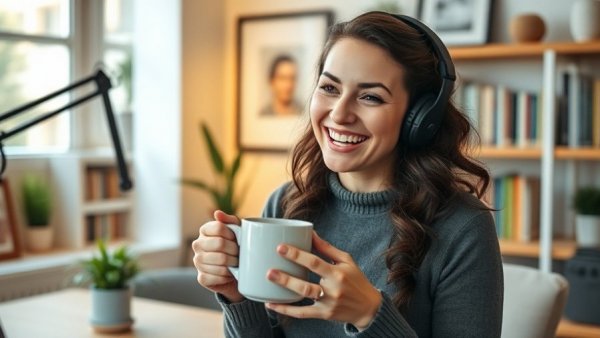 Woman in home office podcast setting, sustainable content strategy 2026.