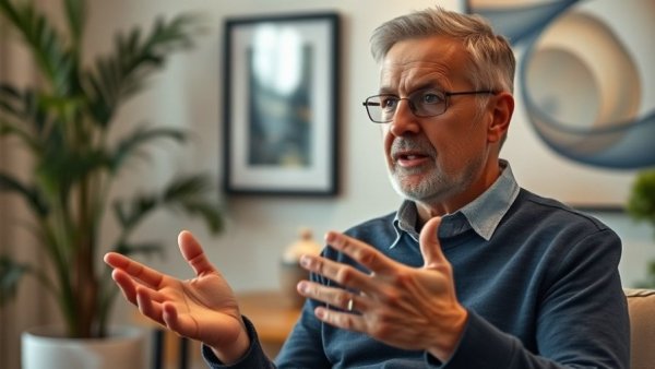 Middle-aged man discussing continuous innovation indoors with warm lighting.