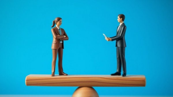Wooden figures of professionals balanced on a scale against a blue background.