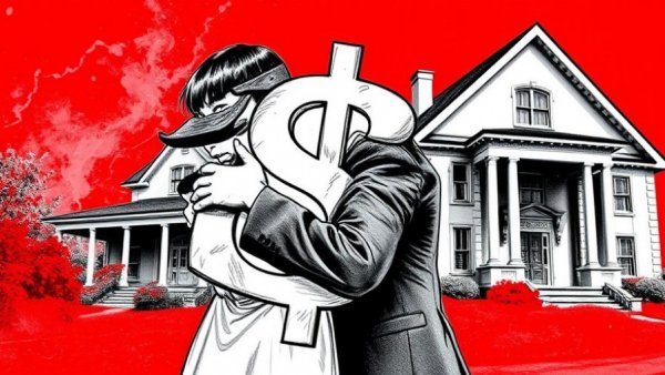 House with a couple embracing and a sketch dollar sign, highlighting high agent commissions.