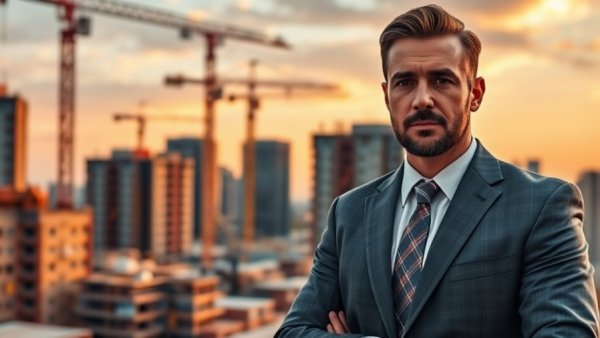 Confident businessman at a construction site for real estate growth.