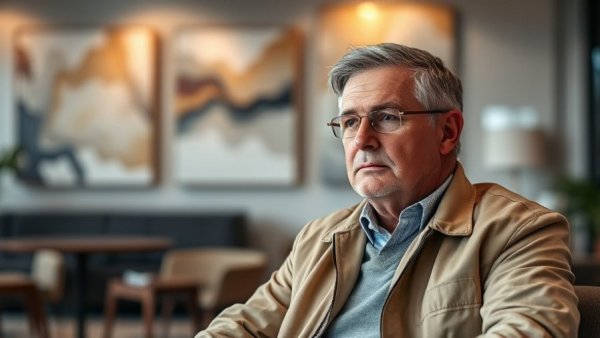 Middle-aged man in beige jacket discussing adjusting goals.
