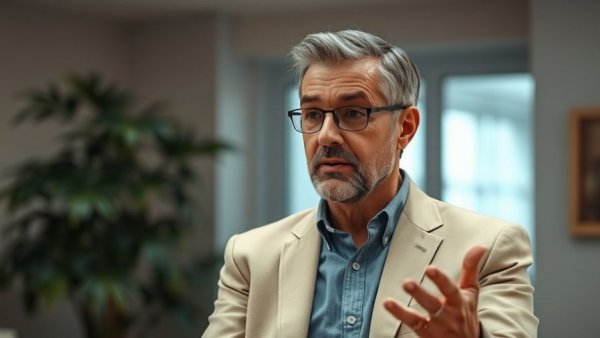 Middle-aged man discussing 2026 goal setting in a beige blazer indoors.