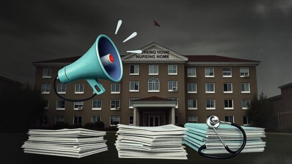 Collage depicting long-term care regulatory rollbacks with nursing home, megaphone, documents, stethoscope.