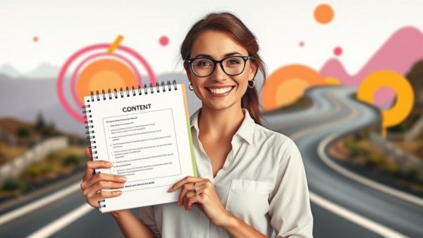 Enthusiastic woman presents 12-Month Content Plan for 2026.