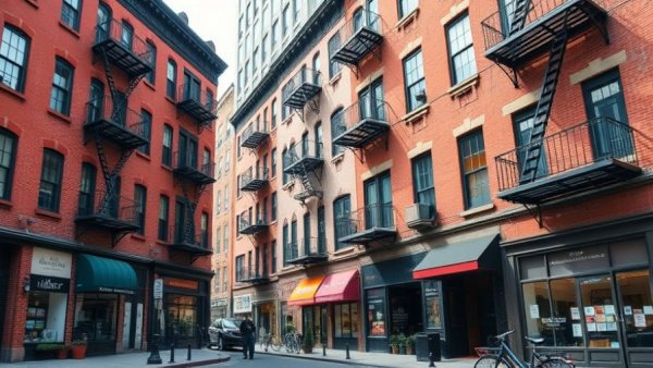 Urban NYC street with historic red-brick buildings and shops.