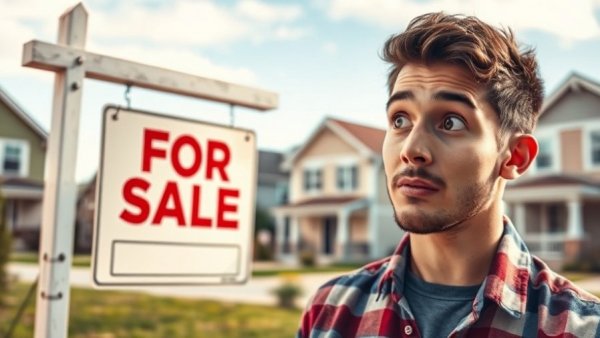 Buyers Market in Real Estate: Surprised man near 'For Sale' sign.