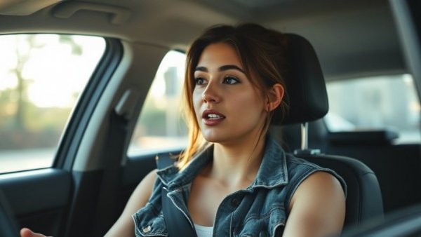 Casual woman discussing strategies in car during tax season, daylight.