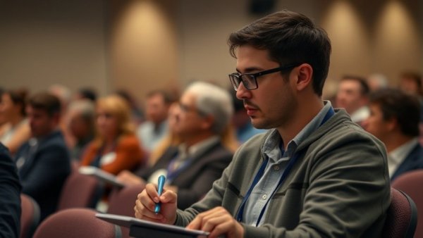 Audience member taking notes at a seminar, On the Road Again.