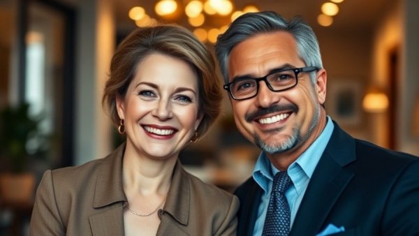 Successful millionaire couple smiling, featuring real estate investment success story.