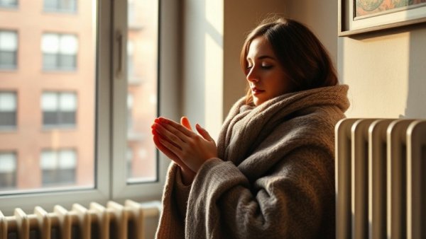 Cozy woman warming hands by radiator in NYC apartment; Landlord Heating Responsibilities NYC.