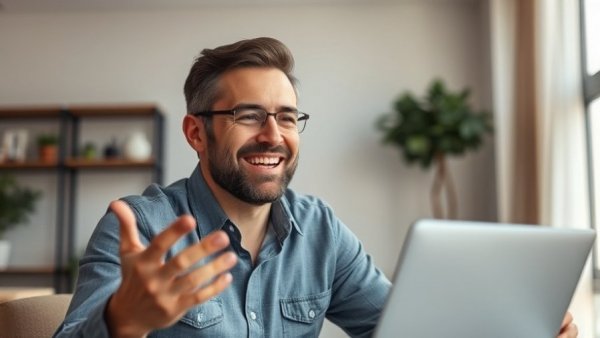 AI for speaking opportunities: Man engaging in virtual chat in home office.