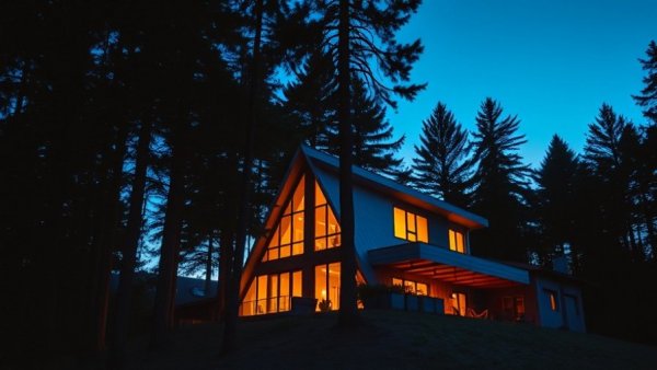 Modern house flip $85k profit image with evening glow and trees.