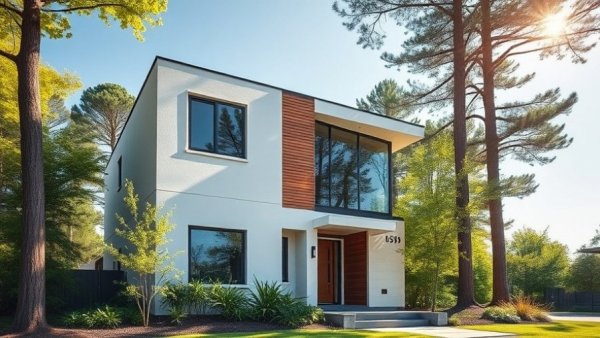 Modern home under bright sky, representing refinance options.