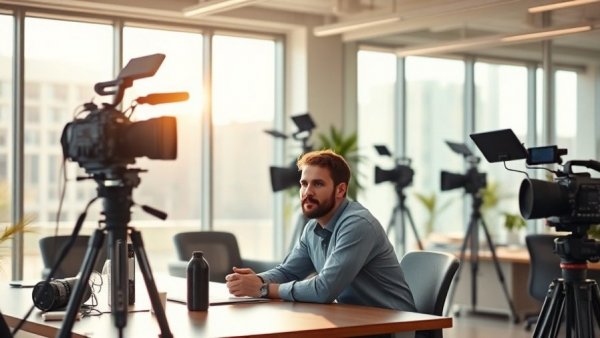 Man in modern office setting with video equipment, outliers outperforming others context.