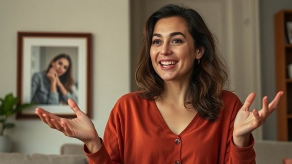 Casual woman gesturing indoors, discussing the importance of location on social media.