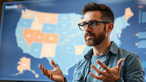 Man discussing Americans moving trends with map background.