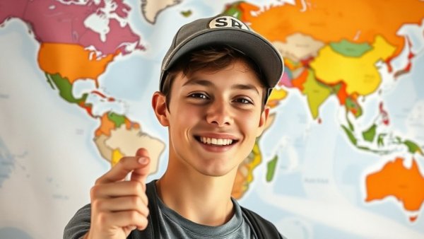 Young presenter discusses migration trends against a colorful map.