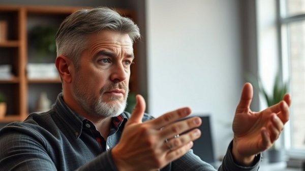 Middle-aged man explaining LLC legal status maintenance indoors.