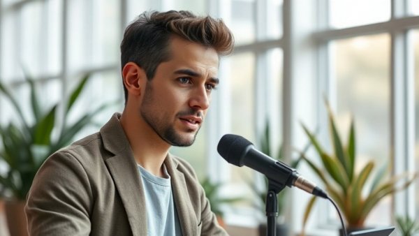 Man speaking into a microphone about emotional regulation in a bright room.