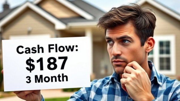 Man pondering rental cash flow with sign, real estate background.