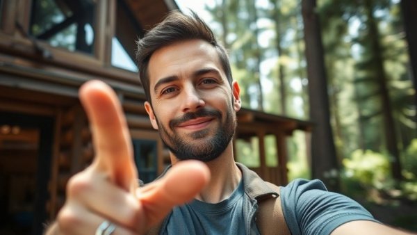 Man promoting Airbnb revenue tips outside a cabin in the forest.