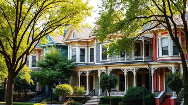 Colorful Victorian townhouses illustrating home insurance calculations.