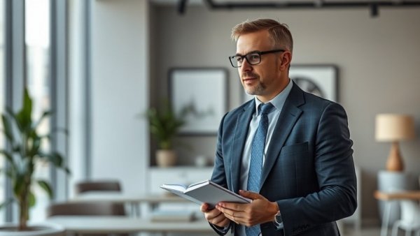 Confident businessman discussing Investors Buying in 2026, holding a notebook, in a modern office.