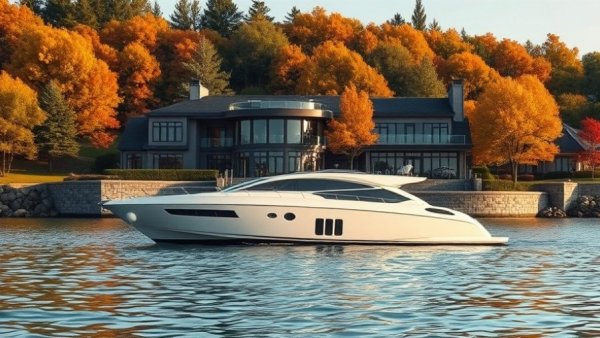 Luxurious waterfront home, $10M-Plus U.S. Home Sales, with yacht and autumn trees.