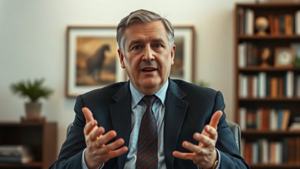 Middle-aged man explaining prohibited parties in office setting.