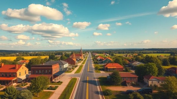Aerial view of a small town with two men, buying a town concept.