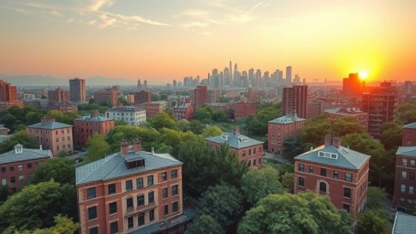 Cityscape with apartment buildings at sunset, representing guarantor solutions for rental apartments
