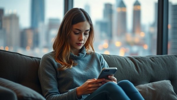 Young woman using smartphone for $1 million home scavenger hunt.