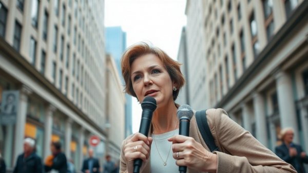 Middle-aged woman discussing content creation outdoors in the city.