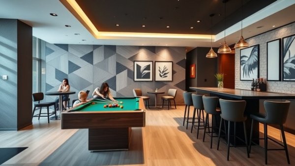 Family in a modern lounge playing pool, moving from Riverdale to Yonkers.