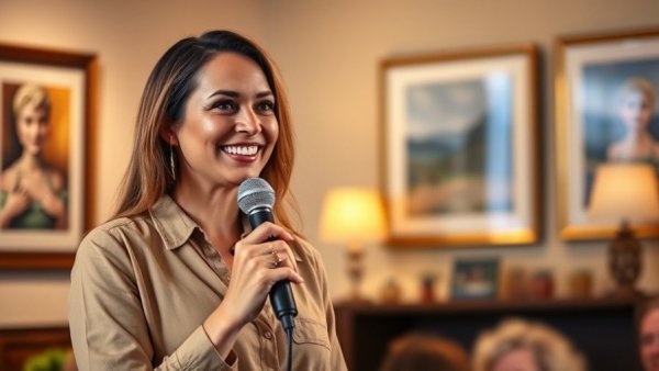 Smiling woman sharing offline marketing strategies indoors.