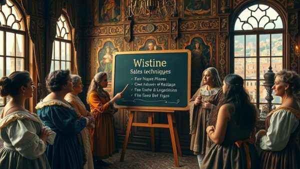 Renaissance-style class discussing reverse mortgage sales techniques.