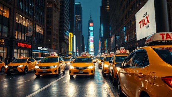NYC street with taxis at night showcasing urban real estate marketing strategies 2026.