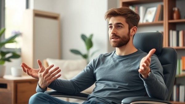 Young man discussing decision-making in a home office.