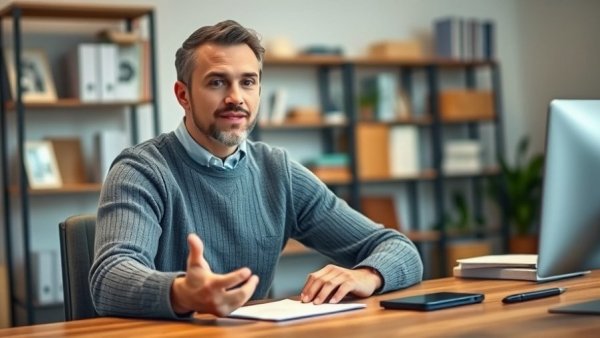 Real estate is on sale: Man discussing details at desk.