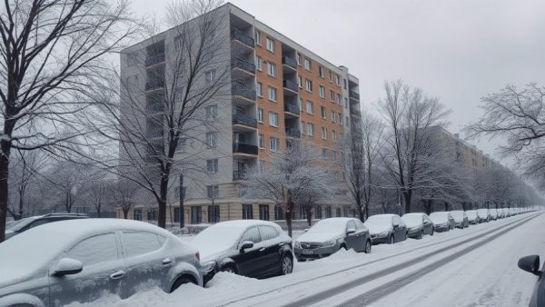 Winter eviction moratorium: snow-covered cars and apartment building.