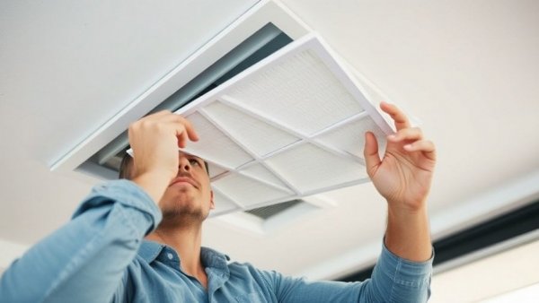 Adult installing HVAC filter in ceiling vent, choosing an HVAC system.