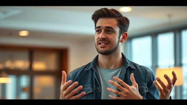 Young man discussing compliance indoors with expressive gestures.