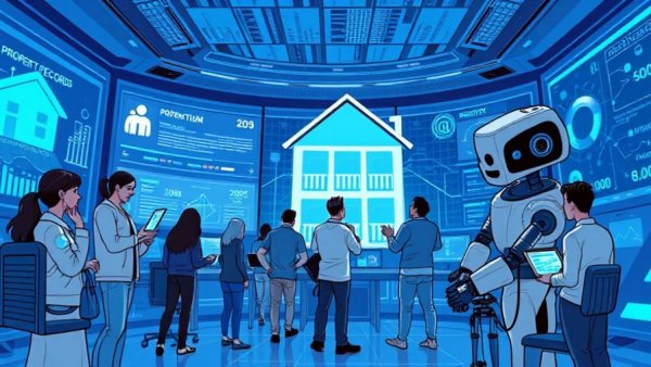 Futuristic property records platform interface with AI and users.