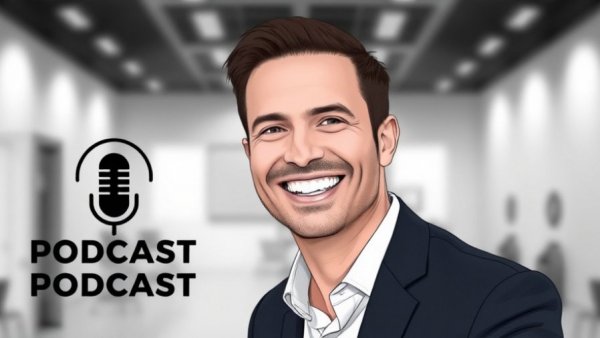 AI in real estate podcast featuring smiling man.
