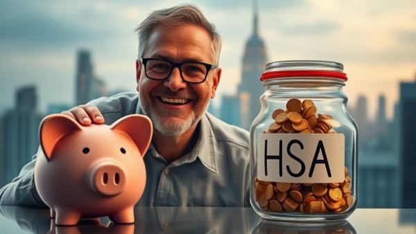 Middle-aged man with HSA jar and piggy bank, symbolizing Benefits of Health Savings Accounts.