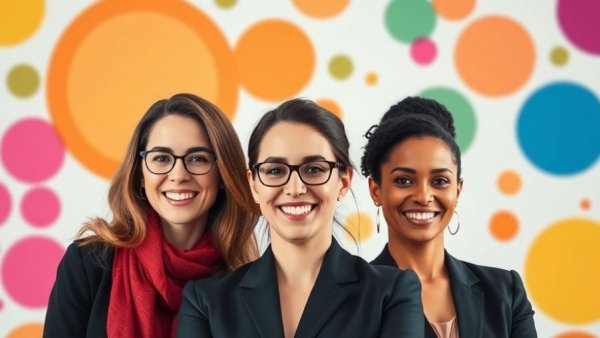 Real Estate Angels Team: Three confident women smiling with vibrant graphic background.