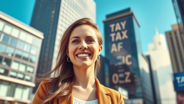 Save 20% on Taxes advice with woman and buildings in vibrant setting.
