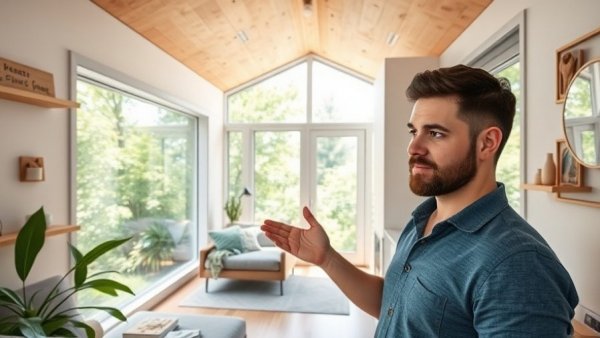 Man in tiny home discussing affordable Airbnb investment strategy