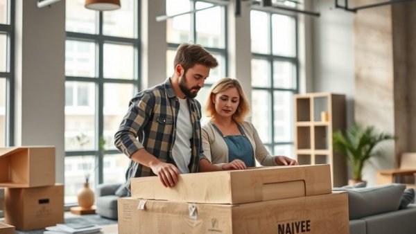 Young couple assembling furniture, reflecting cohabitation in NYC real estate market.